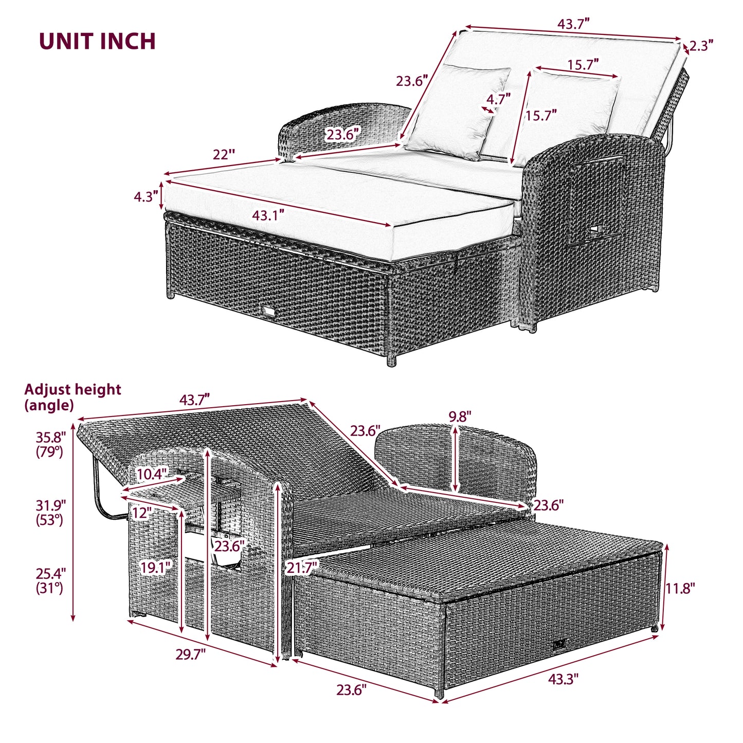 Healdsburg Contemporary Wicker Rattan Reclining Daybed
