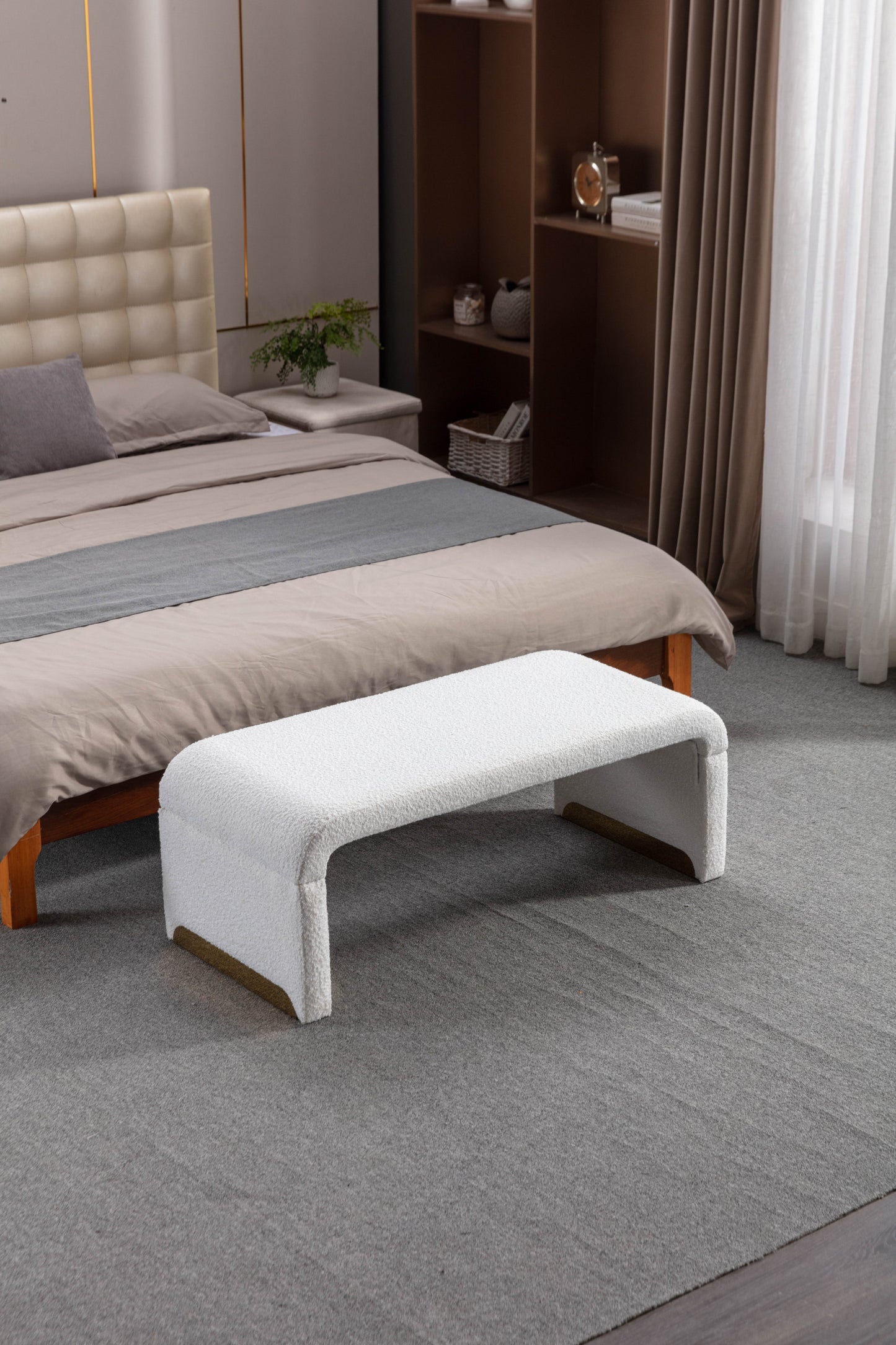 Mission Modern Boucle Fabric Ottoman Bench