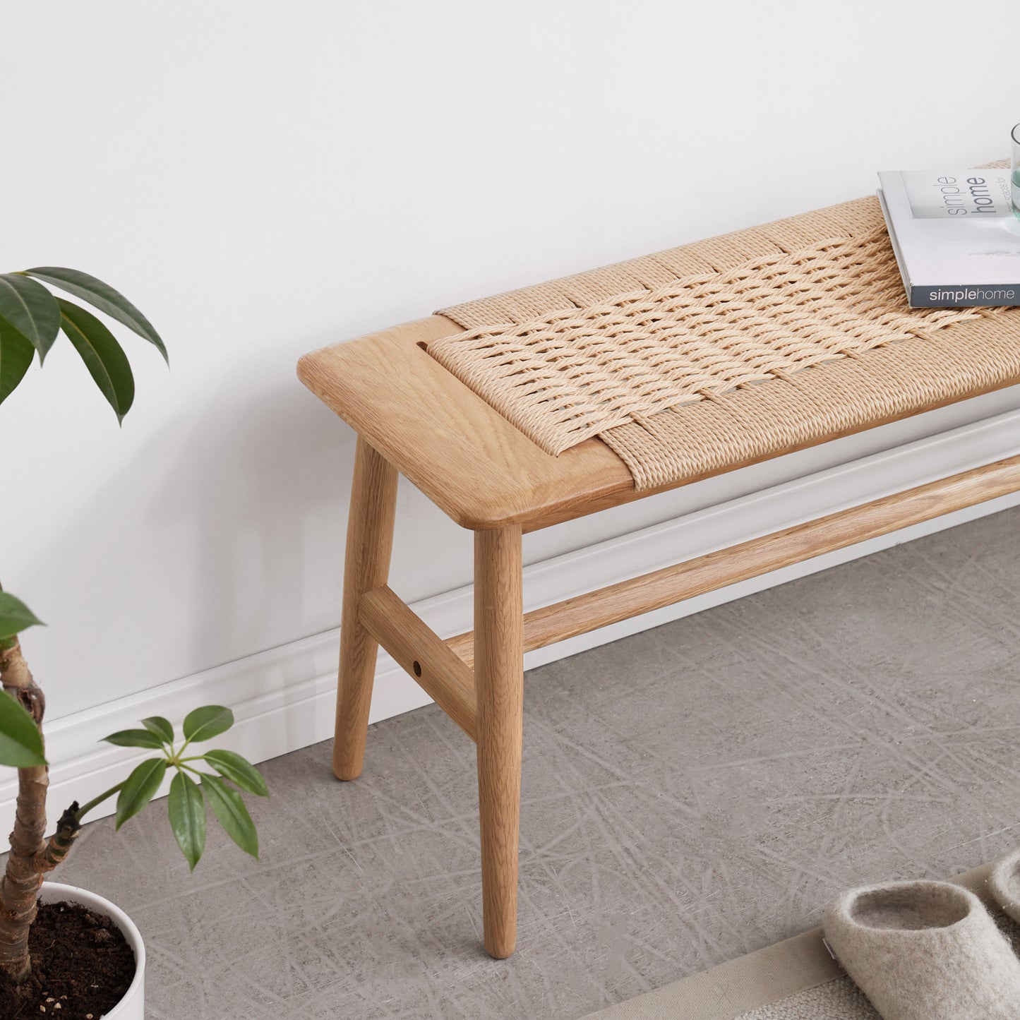 Calista Mid-Century Woven Natural Oak Wood Bench