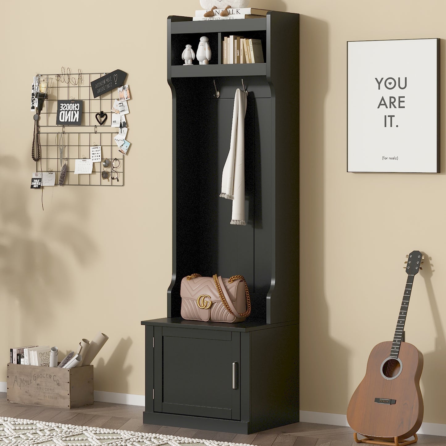 Bartholomew Modern Minimalist Slim Hall Tree with Storage Bench & Coat Rack