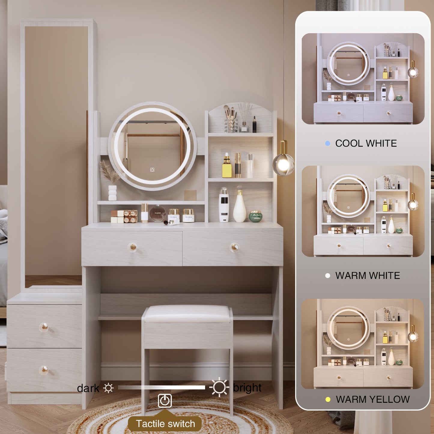 Kingsly Modern Round Mirror Vanity