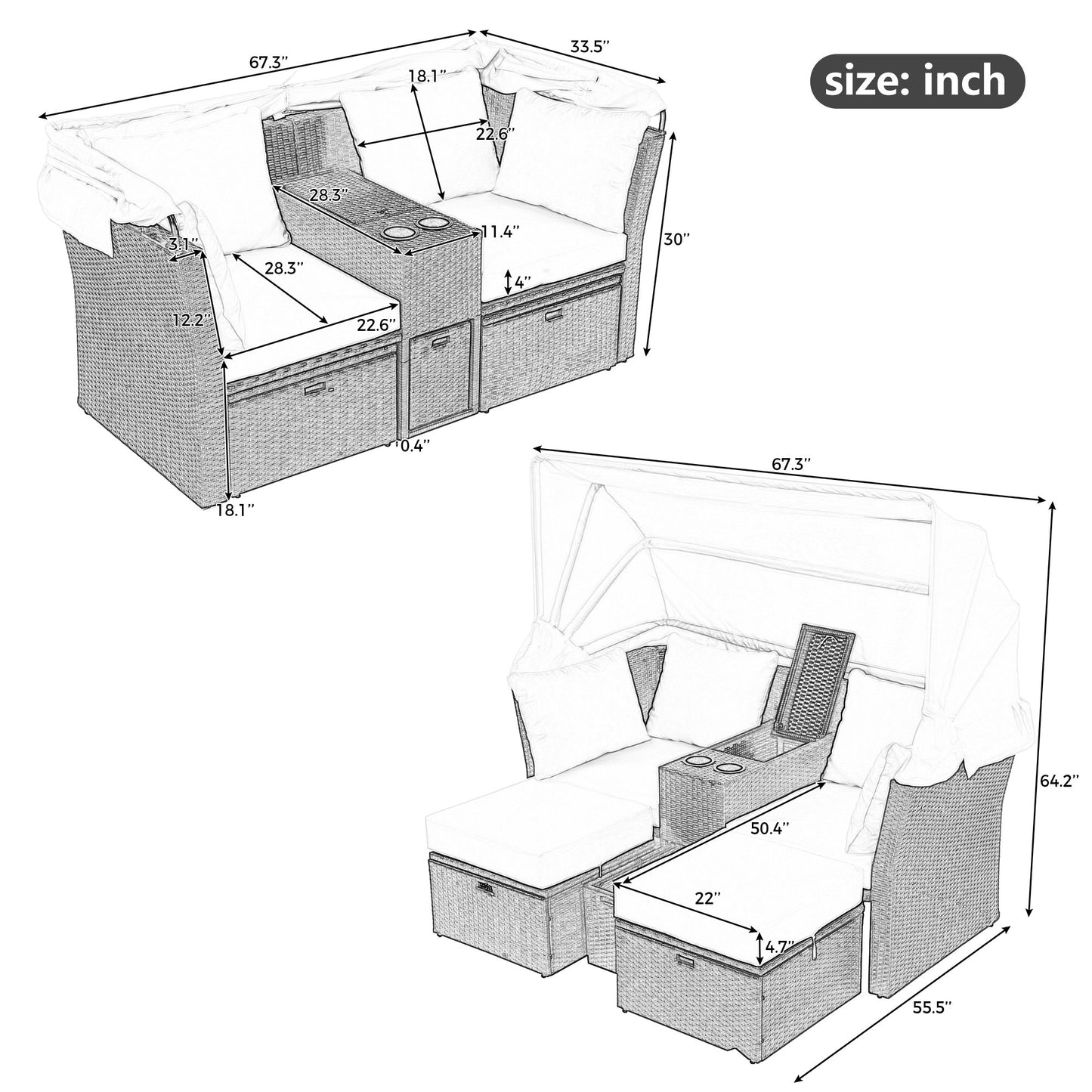 Amity Modern Loveseat Foldable Awning Daybed