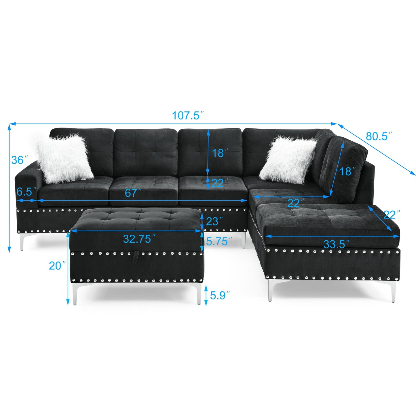 Marcel Mid-Century Elegant Sectional Sofa with Ottoman