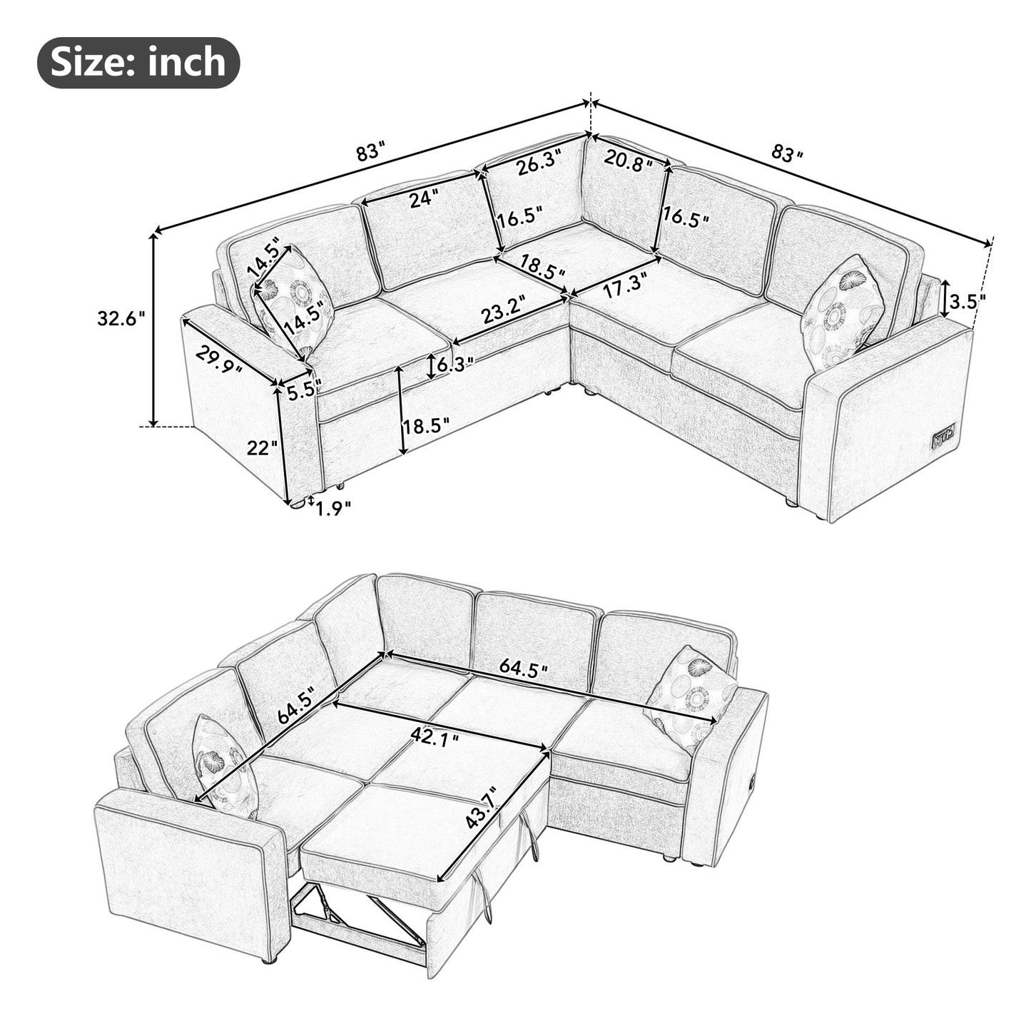 Emery Mid-Century L-Shaped Sofa Bed Sectional