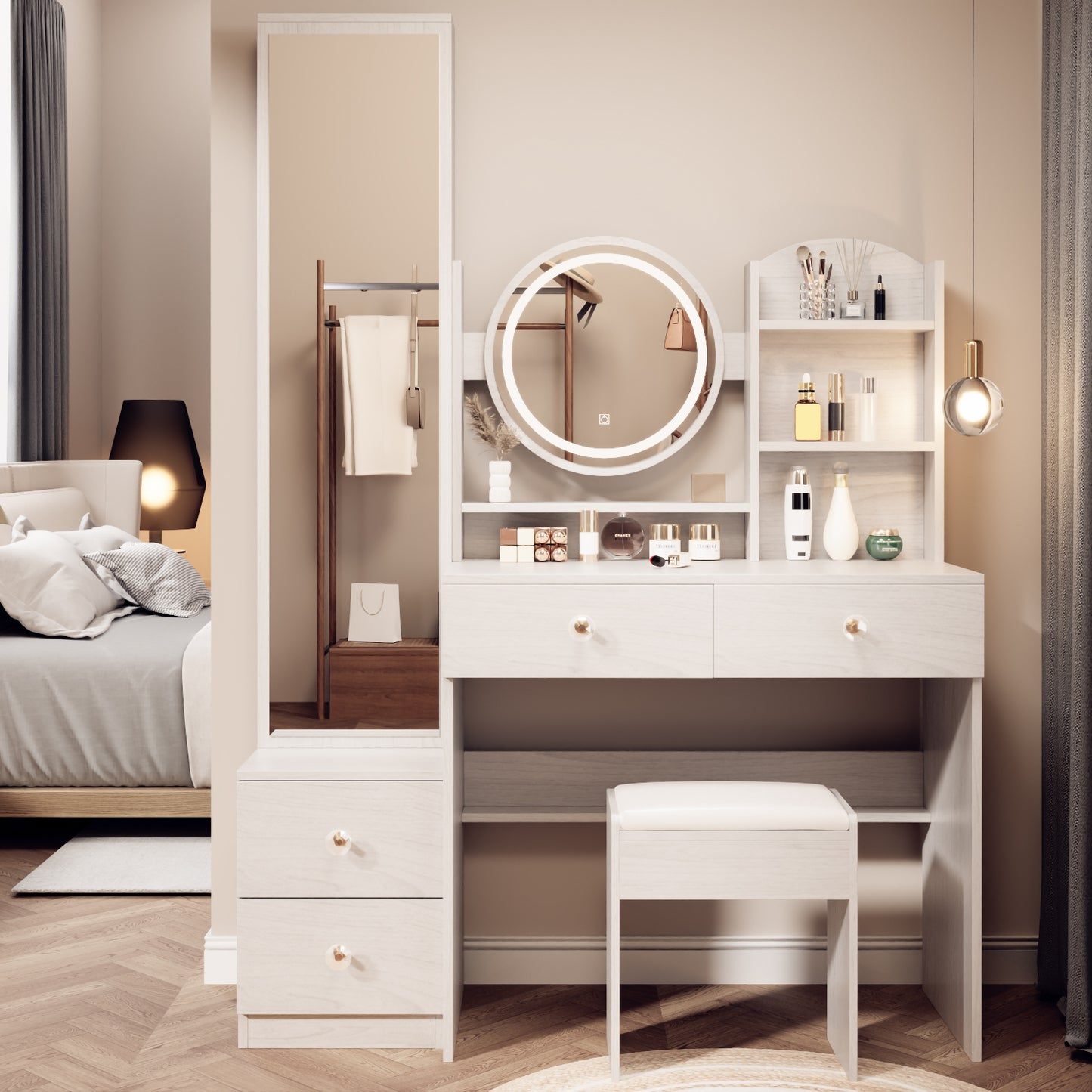 Kingsly Modern Round Mirror Vanity
