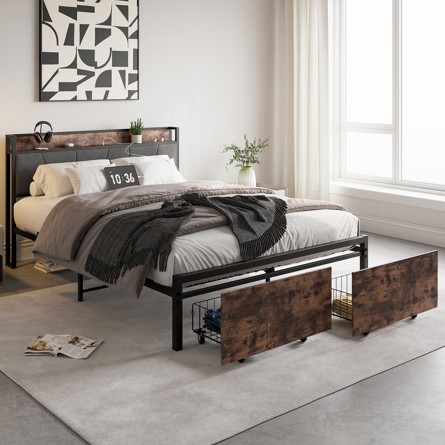 Luz Modern Queen Storage Headboard Bed Frame with Charging & Drawers