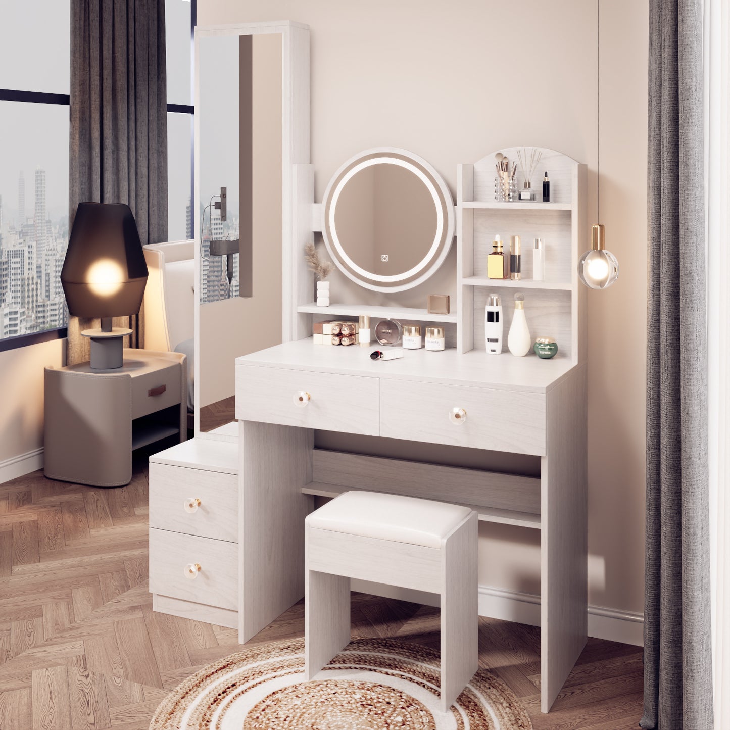 Kingsly Modern Round Mirror Vanity