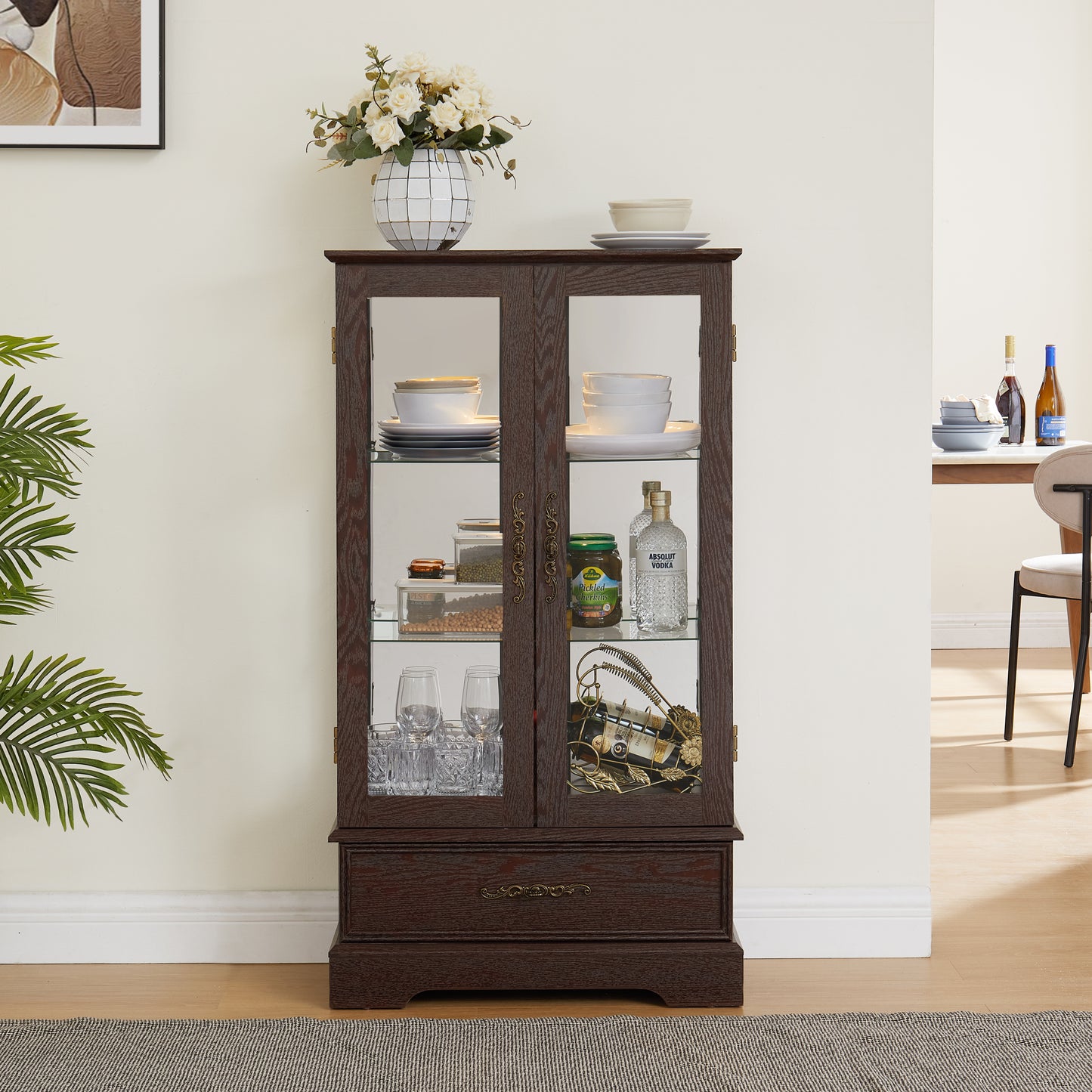 Ghivi Traditional Lighted Glass Curio Cabinet with Adjustable Shelves and Drawer