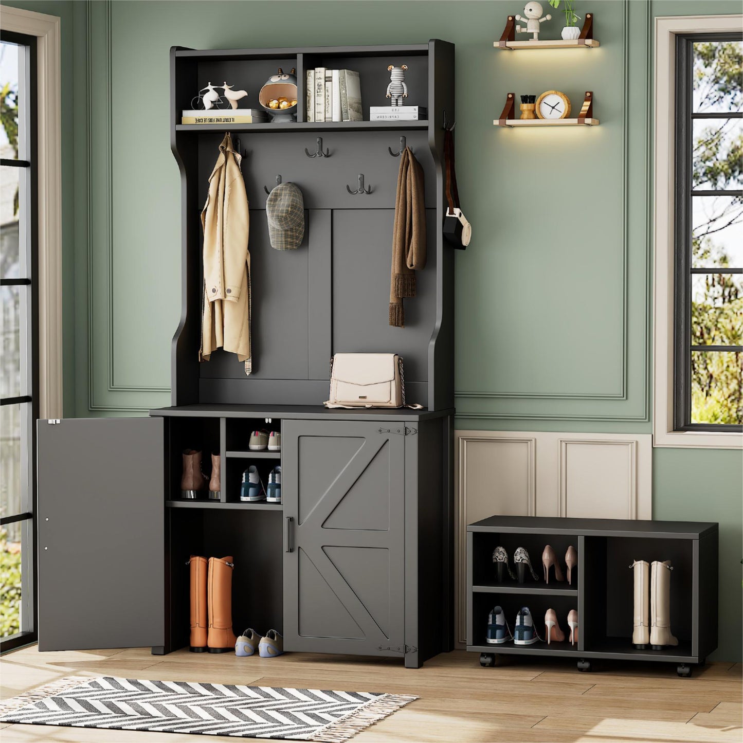 Oakridge Modern Farmhouse 4-in-1 Hall Tree with Barn Doors and Storage