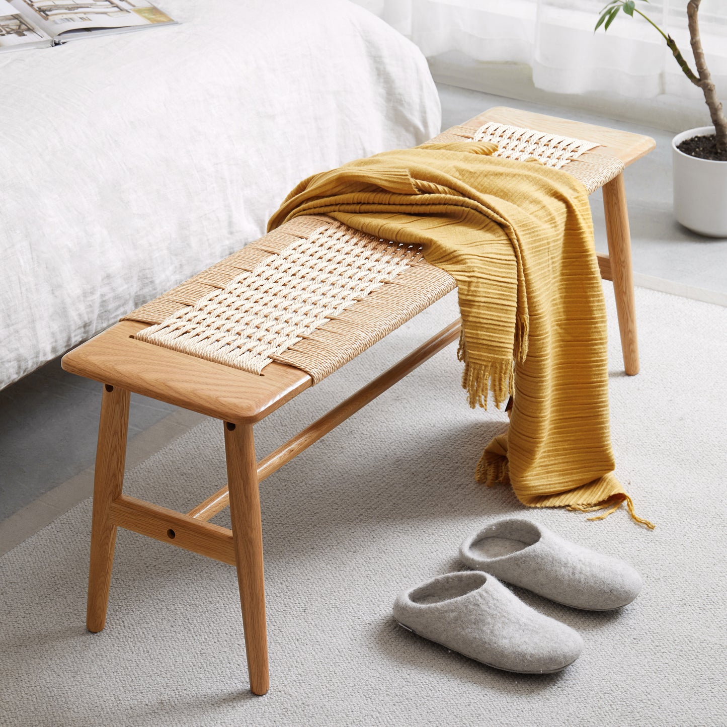 Calista Mid-Century Woven Natural Oak Wood Bench