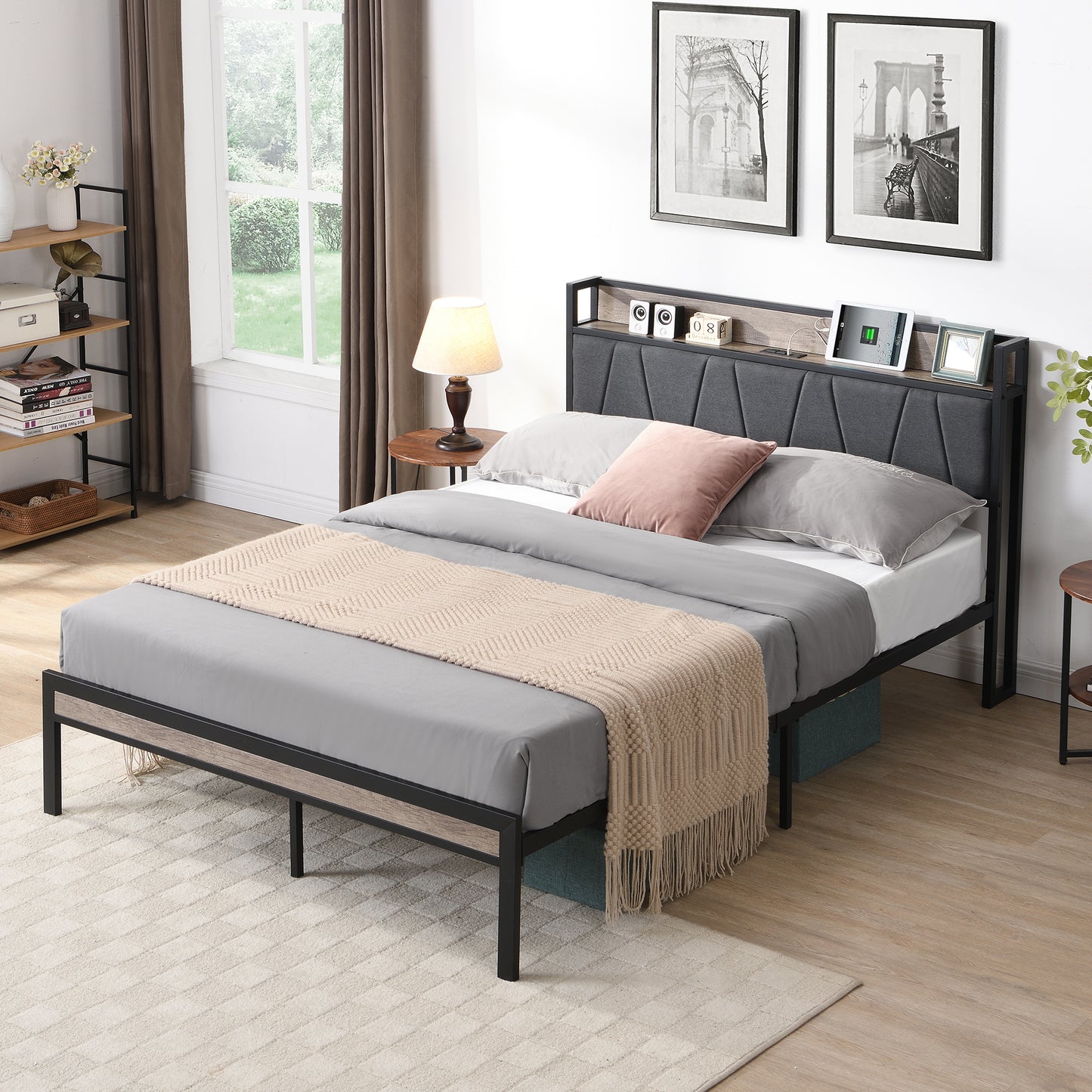Lula Modern Full Size Metal Platform Bed with Storage & USB