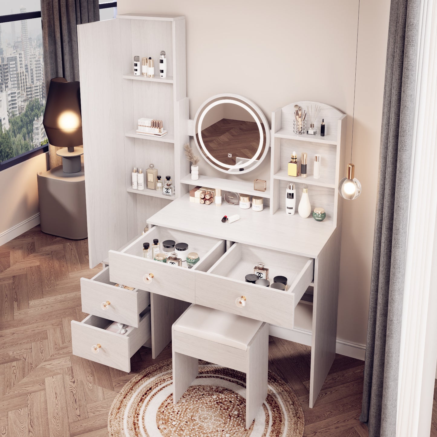 Kingsly Modern Round Mirror Vanity