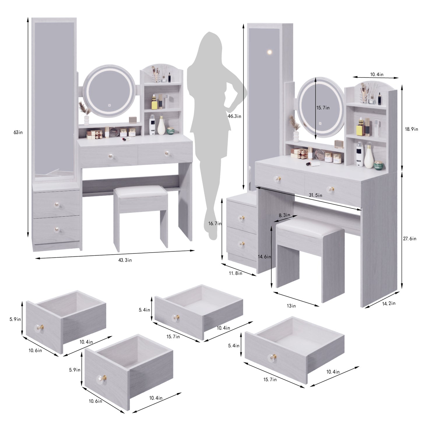 Kingsly Modern Round Mirror Vanity