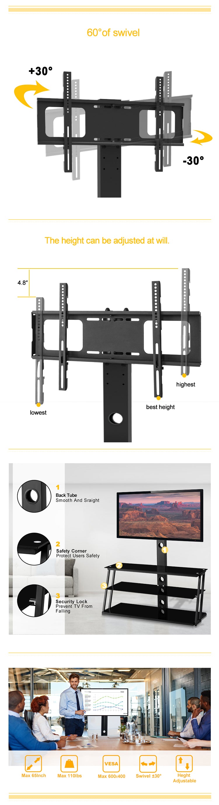 Oakridge Modern Multi-Function Adjustable Glass TV Stand