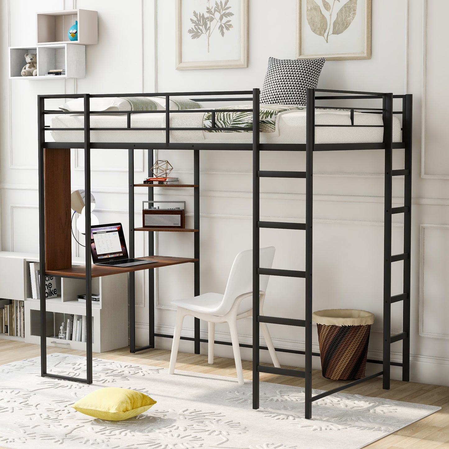 Oakridge Industrial Twin Metal Loft Bed with Shelves