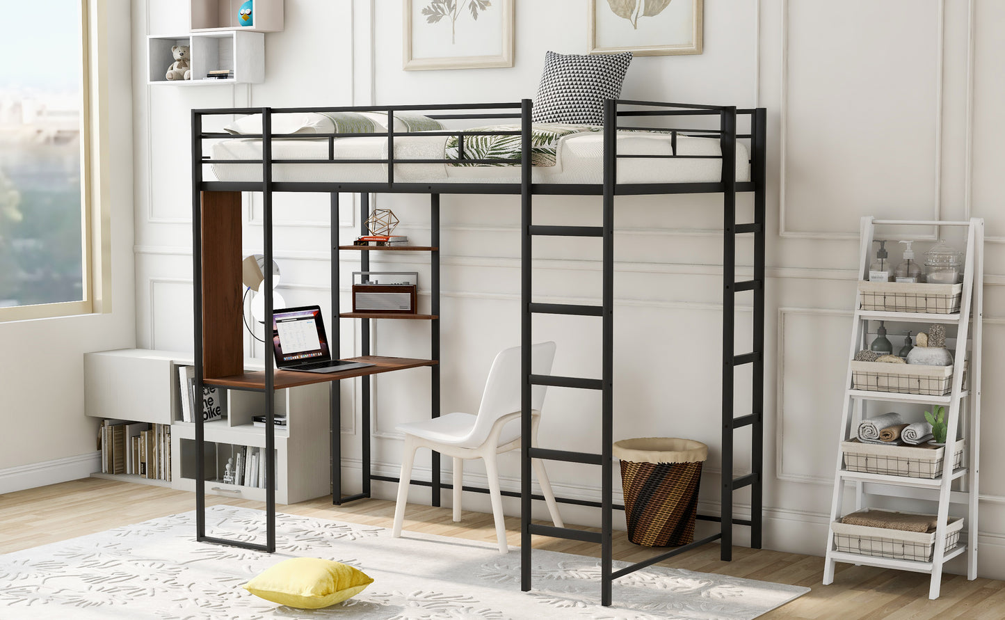 Oakridge Industrial Twin Metal Loft Bed with Shelves