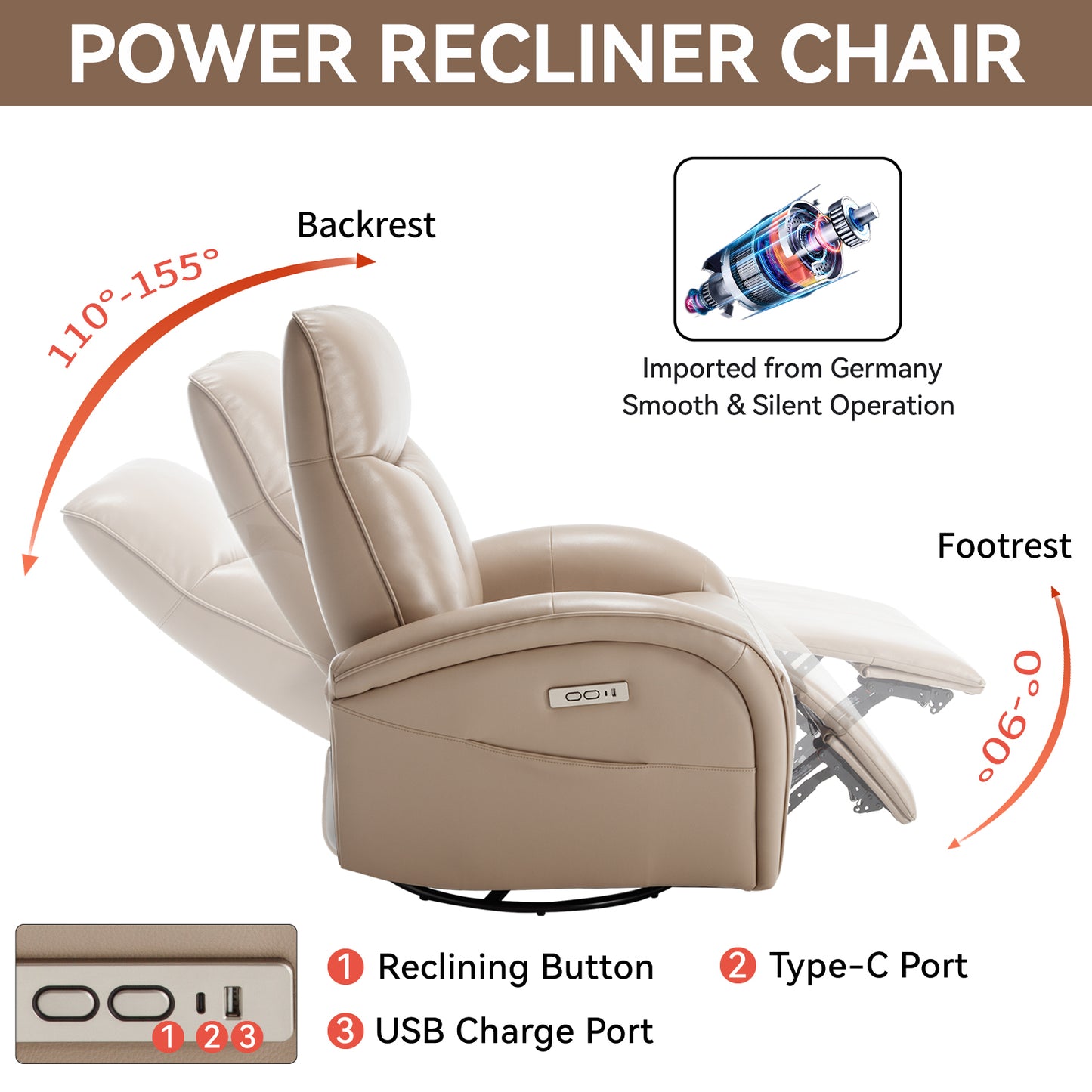 Westport Modern Leather Swivel Recliner Chair