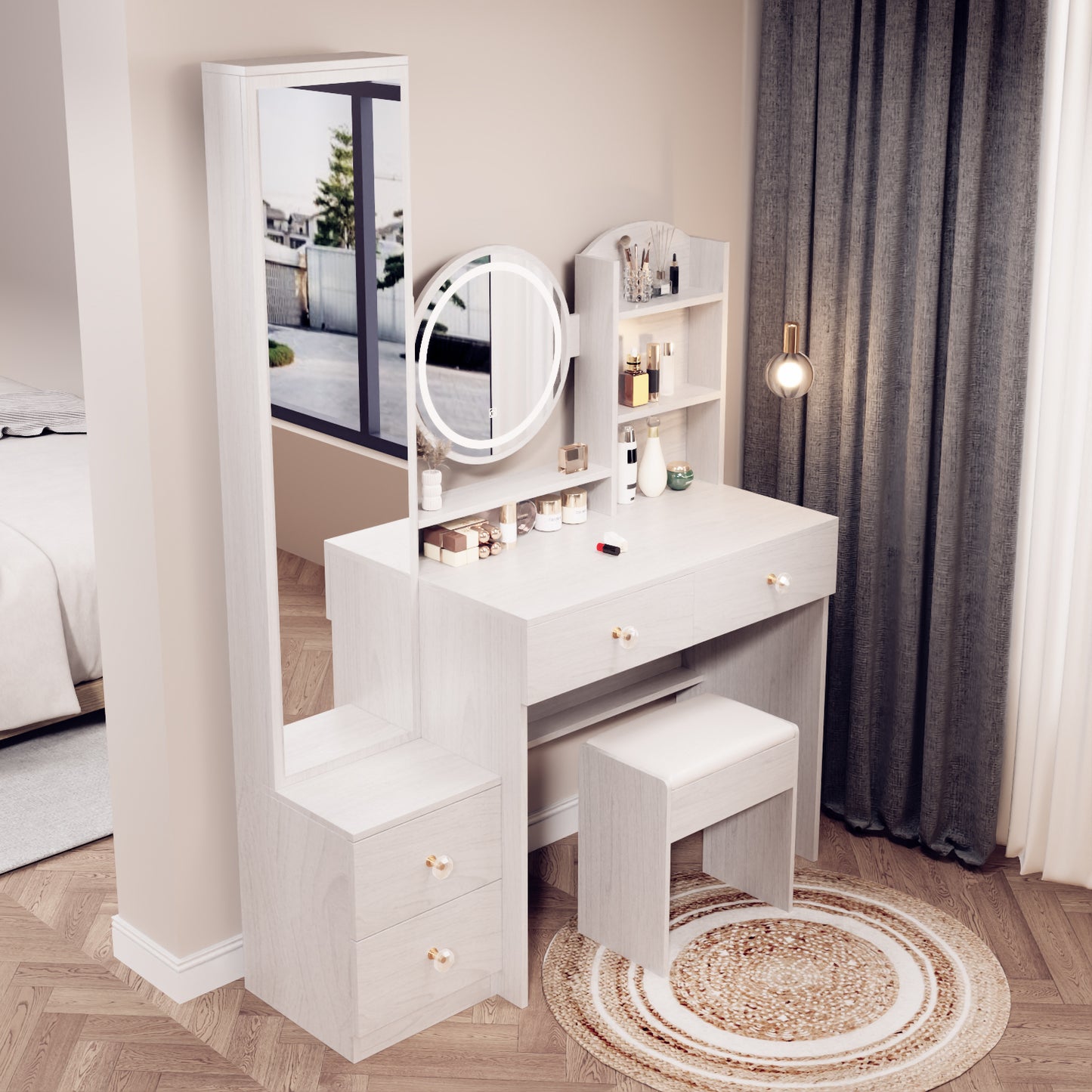 Kingsly Modern Round Mirror Vanity