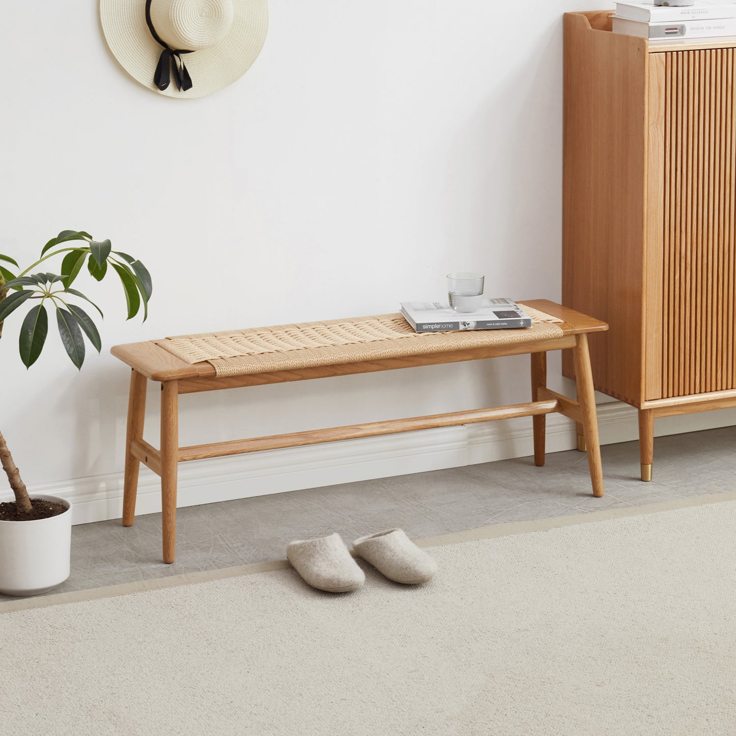 Calista Mid-Century Woven Natural Oak Wood Bench