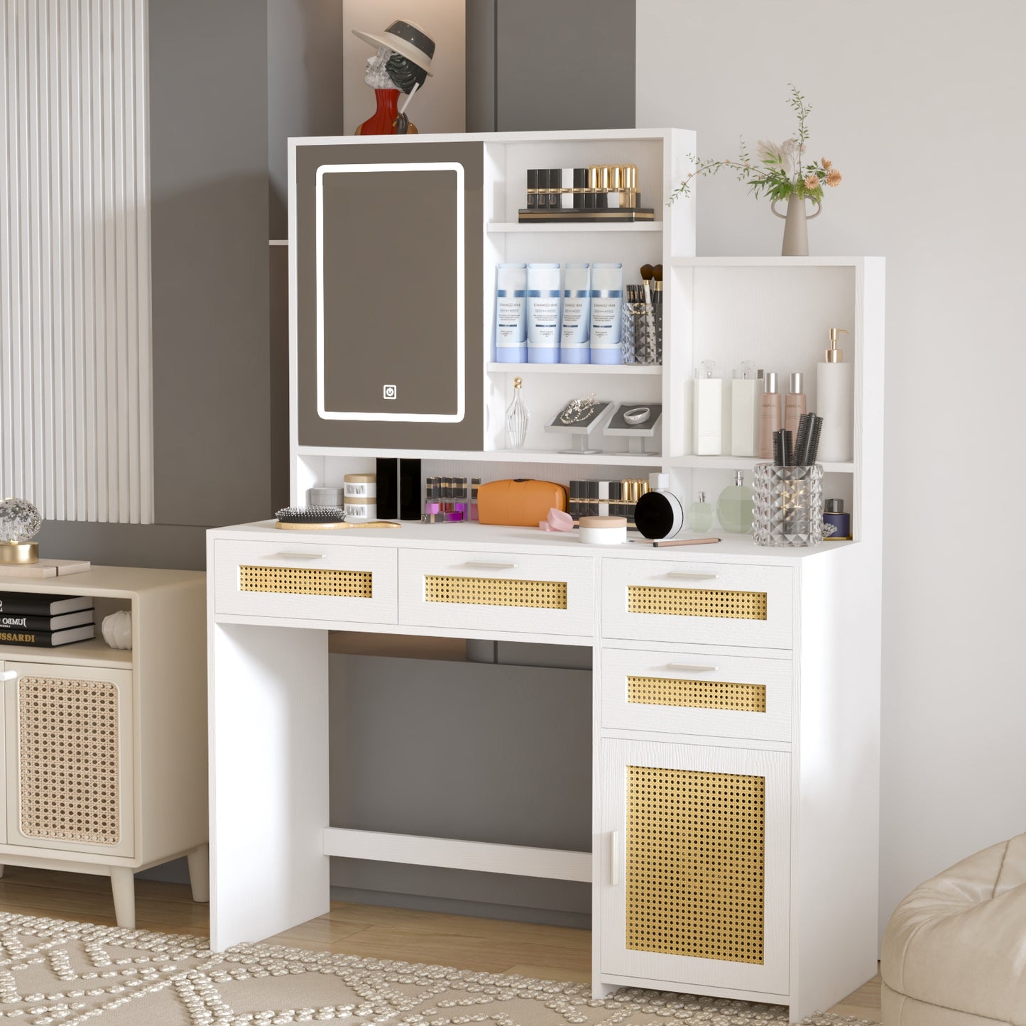 Marites Contemporary Rattan Vanity Makeup Table