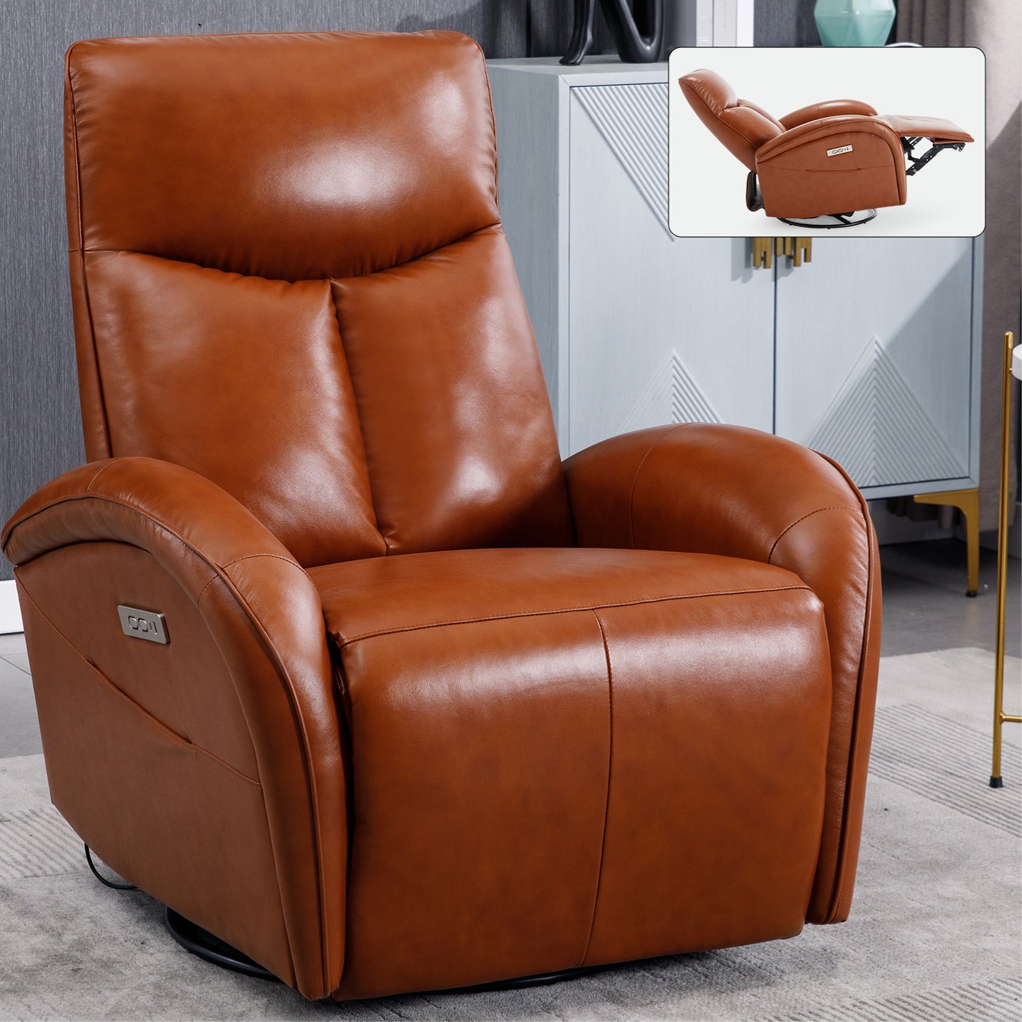 Healdsburg Contemporary Genuine Leather Swivel Power Recliner with Lumbar Support