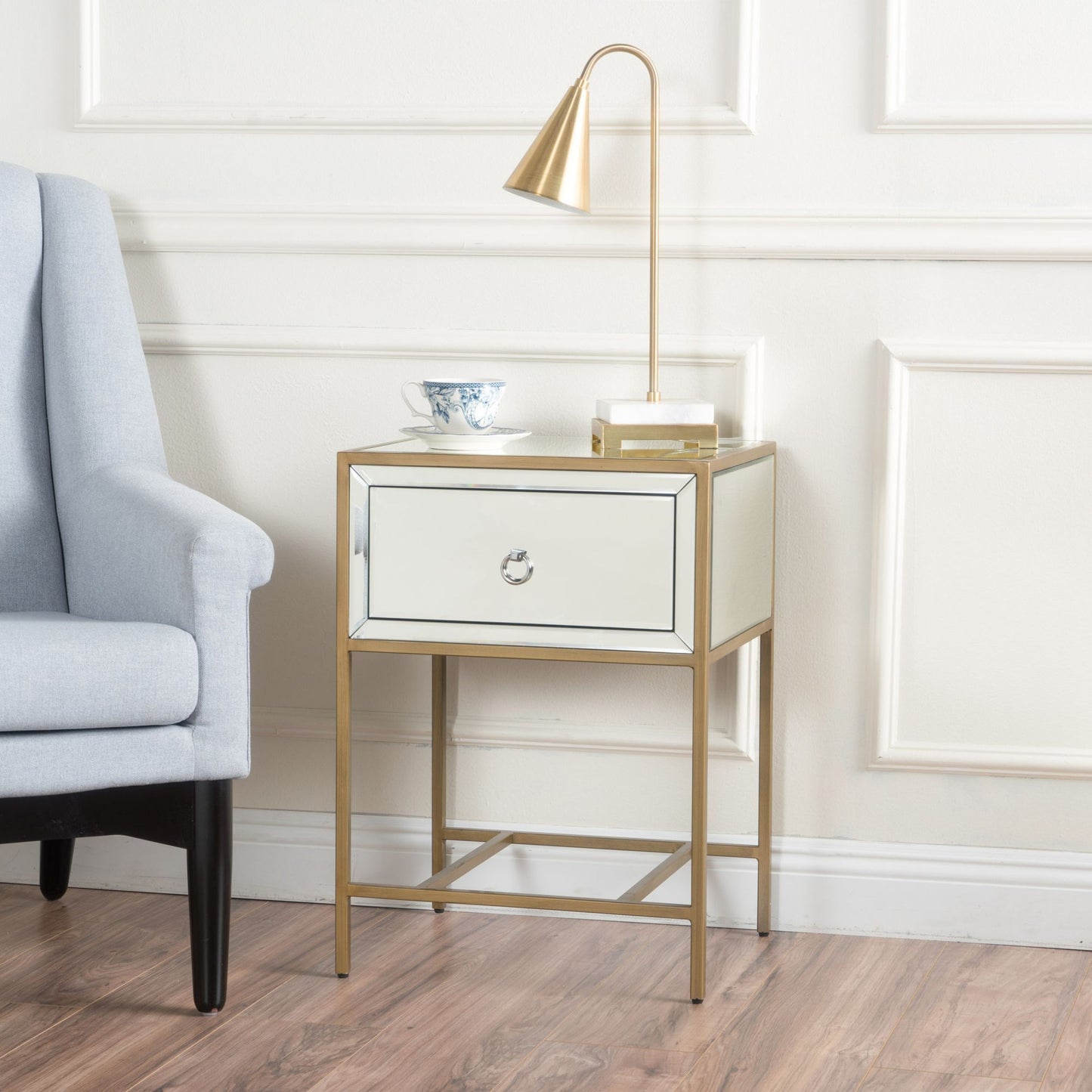 Cleo Contemporary Mirrored Nightstand Storage Side Table