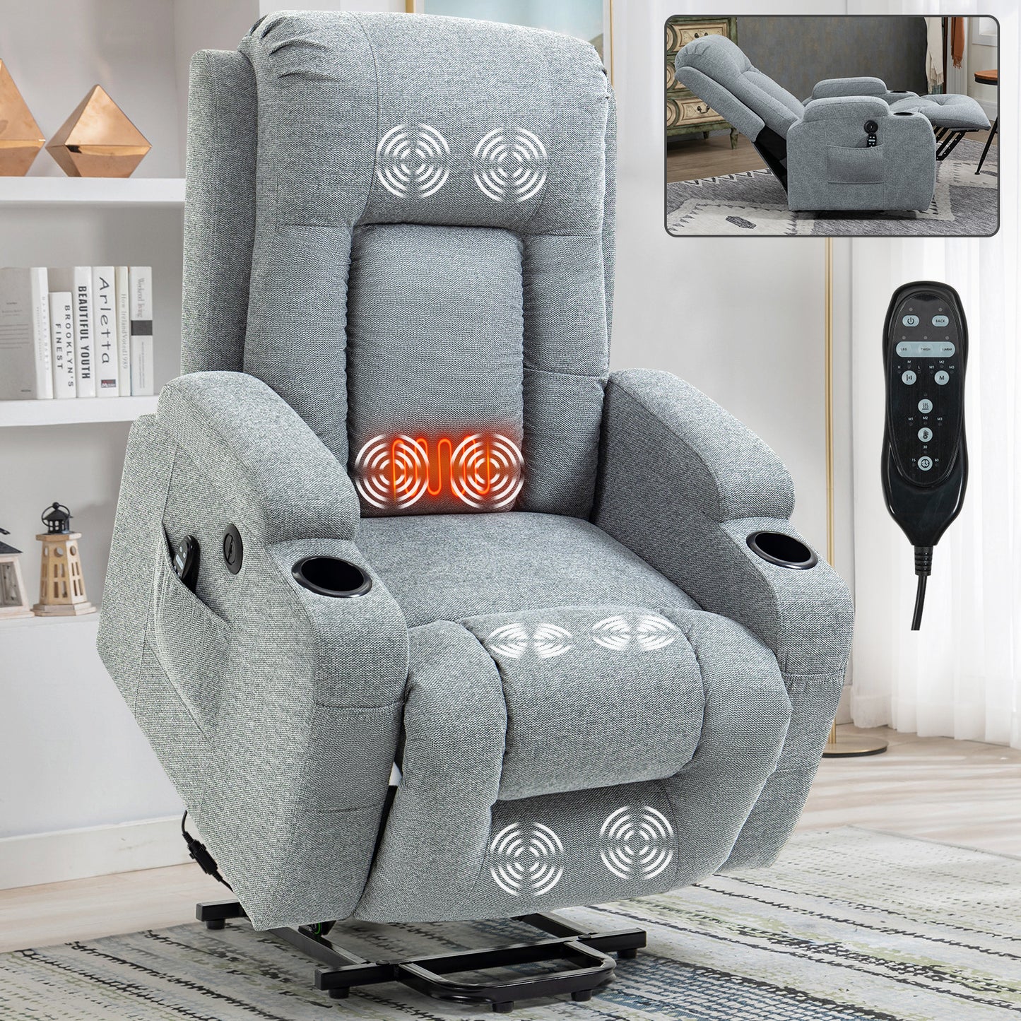 Somerset Contemporary Power Lift Recliner Chair with Massage and Heating, USB & Cup Holders