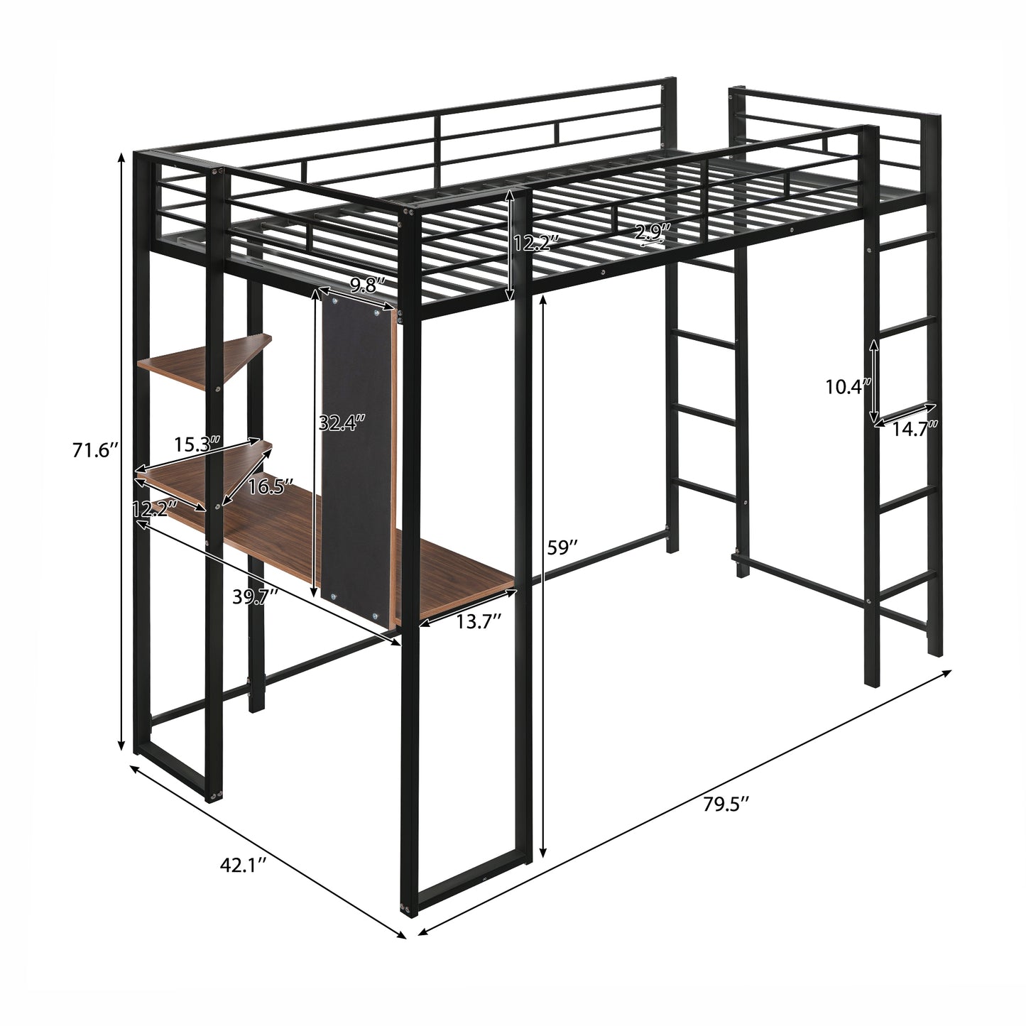 Oakridge Industrial Twin Metal Loft Bed with Shelves