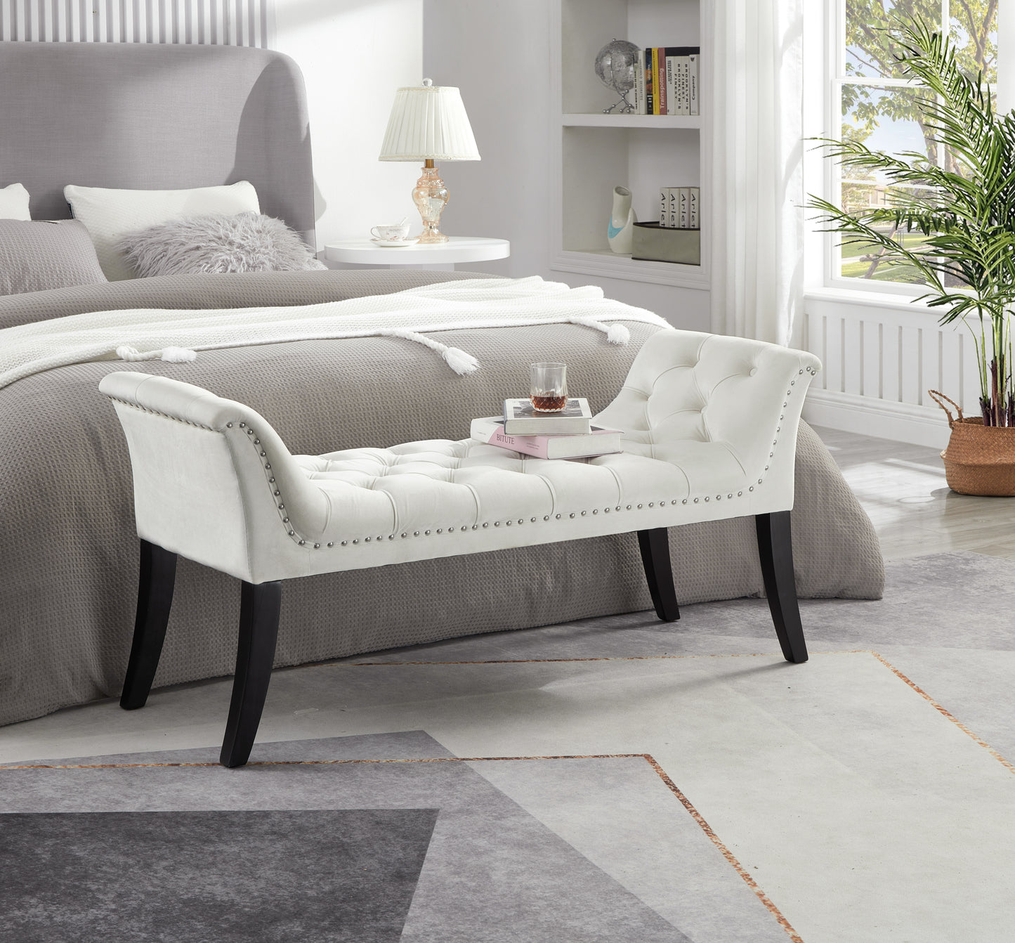 Marites Traditional Button-Tufted Armrest Ottoman Bench