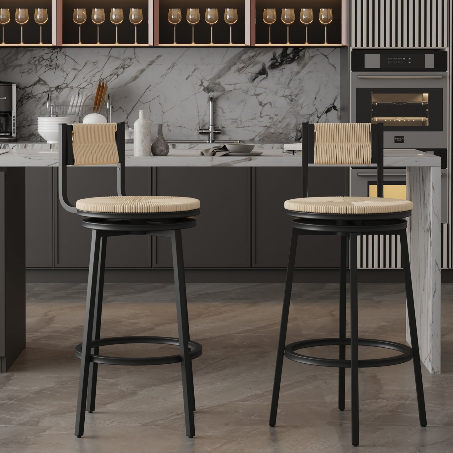 Cleo Contemporary Hand-Woven Rope Swivel Bar Stools
