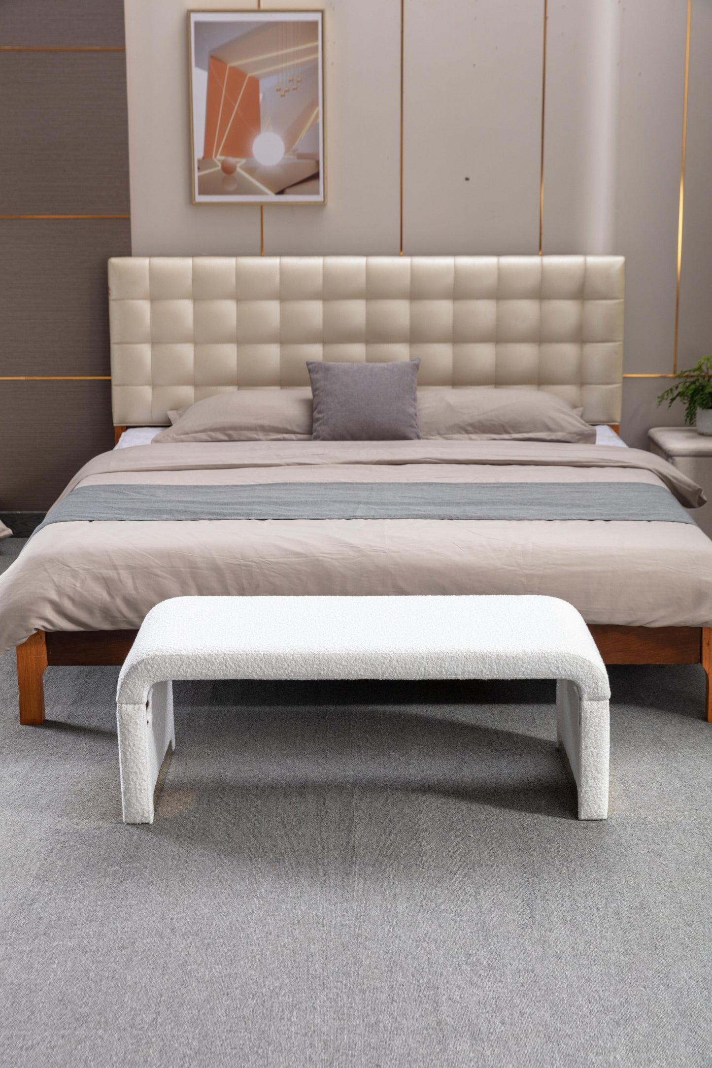 Mission Modern Boucle Fabric Ottoman Bench