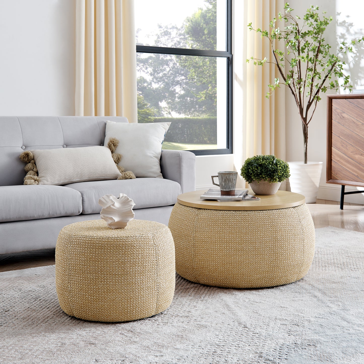 Lula Contemporary Woven Rattan Storage Ottoman, 2-in-1 End Table & Seat
