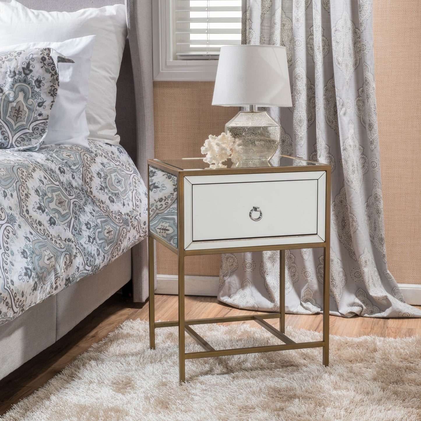 Cleo Contemporary Mirrored Nightstand Storage Side Table
