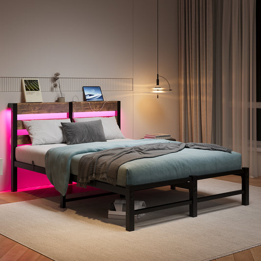 Healdsburg Modern Full Size Metal Bed Frame with Wood Headboard & LED