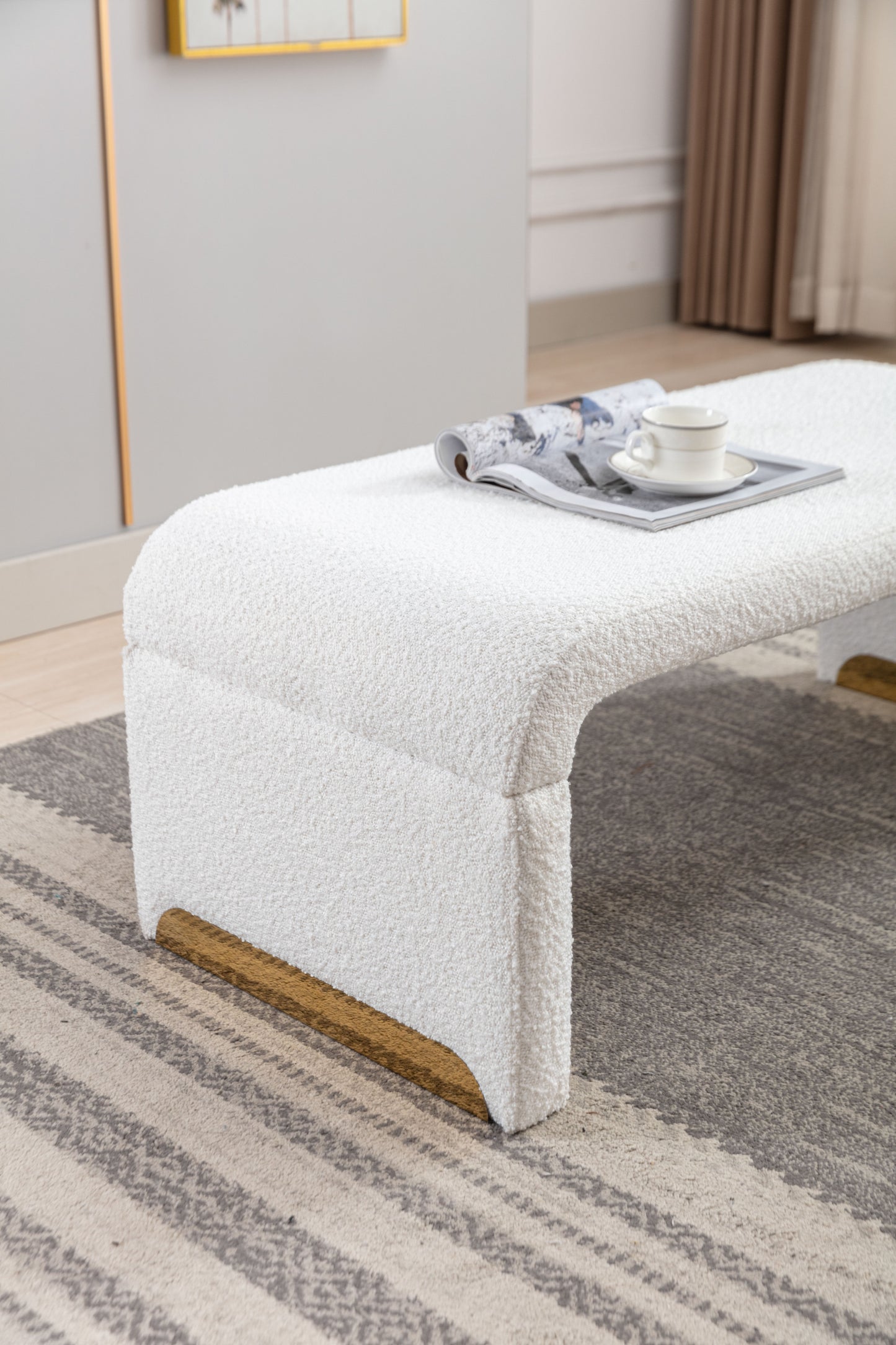 Mission Modern Boucle Fabric Ottoman Bench