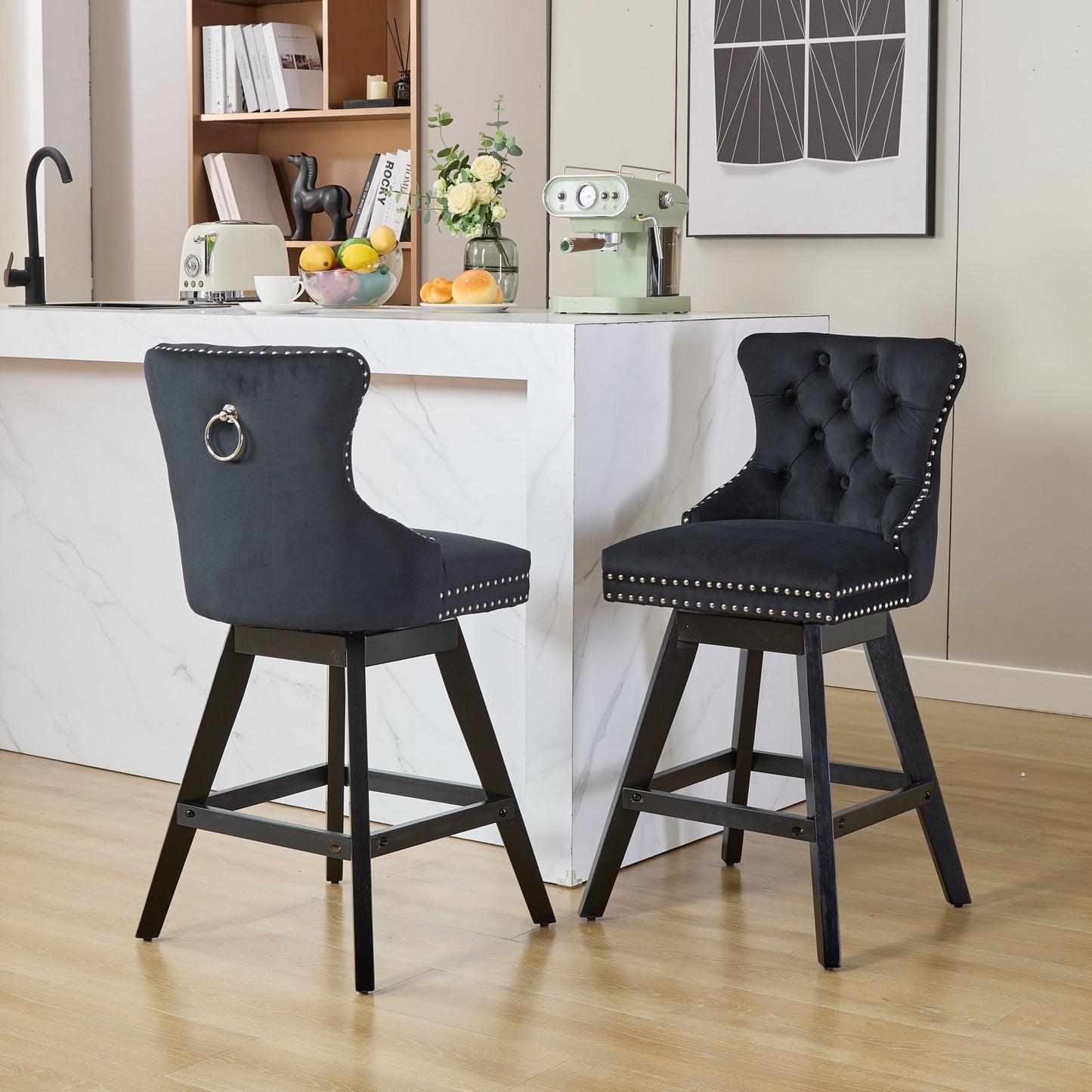 Ghivi Traditional Swivel Velvet Barstools with Tufted Back & Nailhead Trim