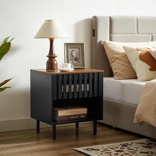 Elmcrest Mid-Century Set of Nightstands with Slatted Drawer and Metal Legs