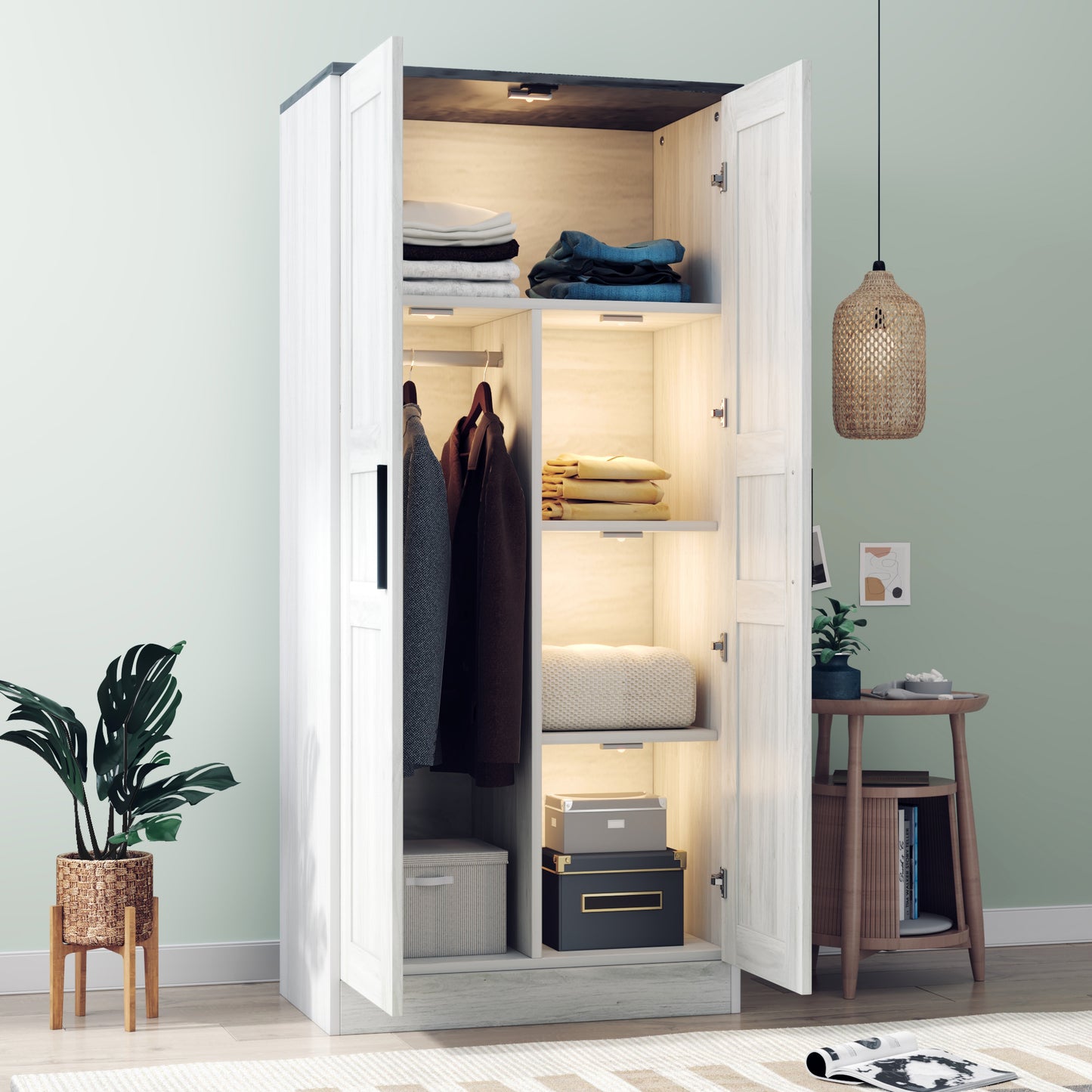 Lula Modern 2-Door Wooden Wardrobe Armoire with LED and Shelves