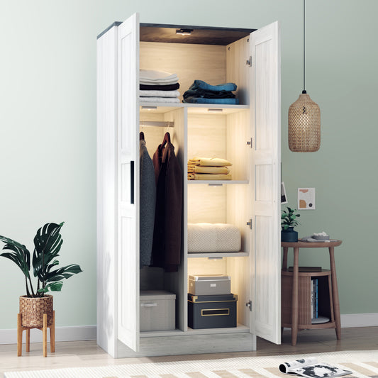 Lula Modern 2-Door Wooden Wardrobe Armoire with LED and Shelves