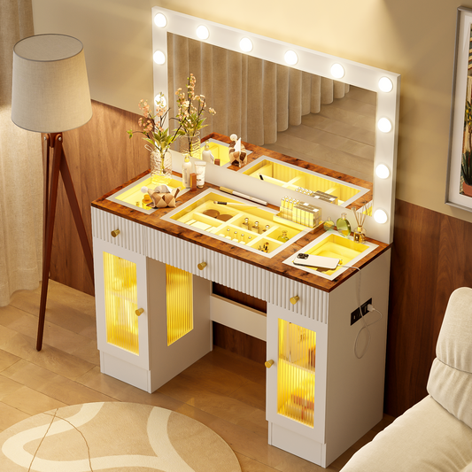Emery Modern Vanity Desk with Large Mirror and Hollywood Bulbs