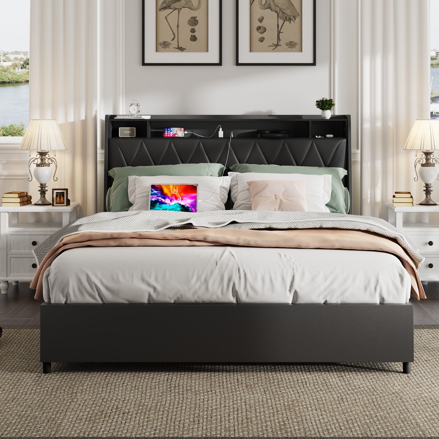 Amity Modern Queen Bed Frame with Ergonomic Headboard & Charging Outlets