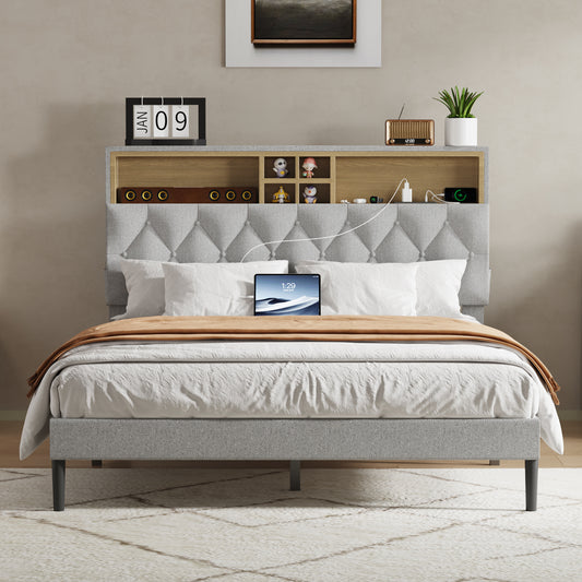 Eda Modern Full Bed Frame with 2-Tier Storage Headboard & Charging Station