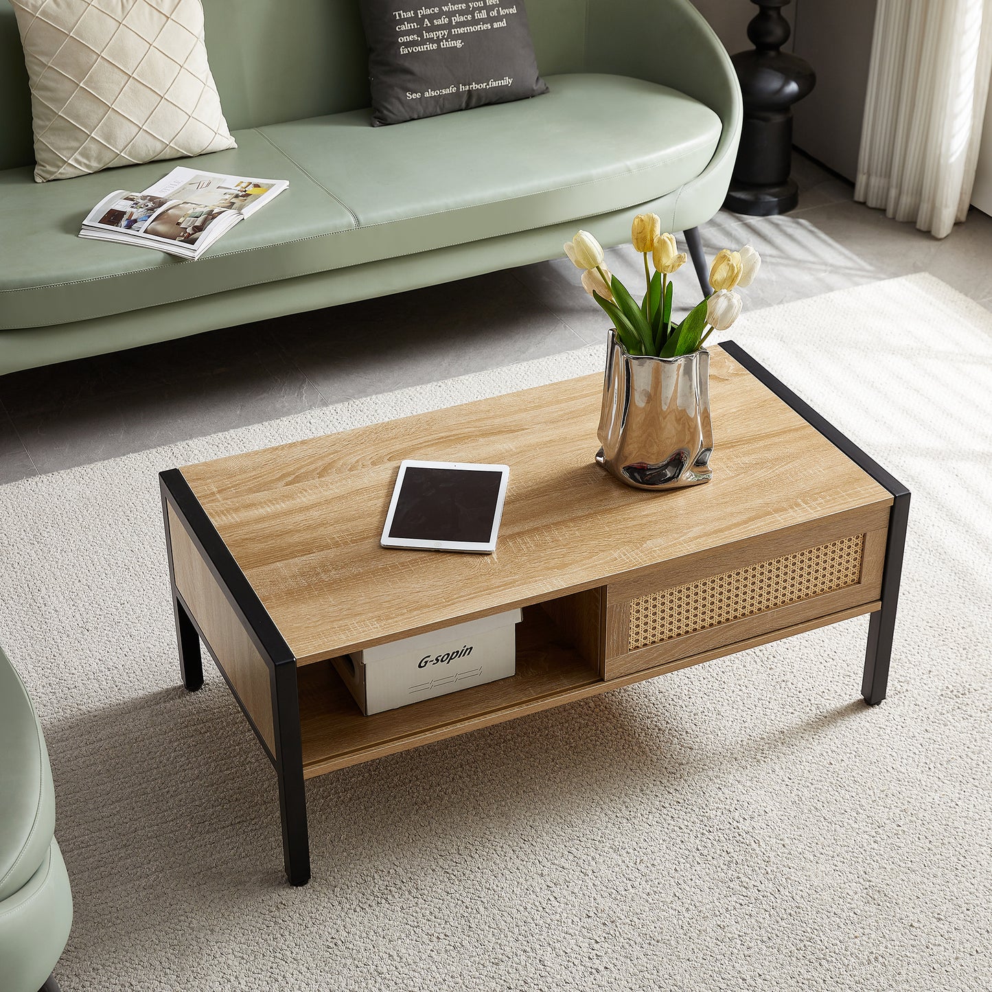 Emery Mid-Century Rattan Storage Coffee Table