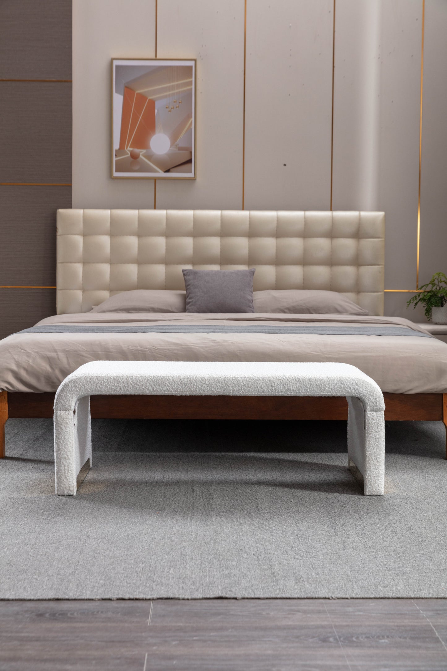 Mission Modern Boucle Fabric Ottoman Bench