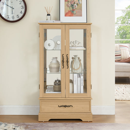 Marcel Modern Lighted Glass Curio Cabinet with Adjustable Shelves & Drawer