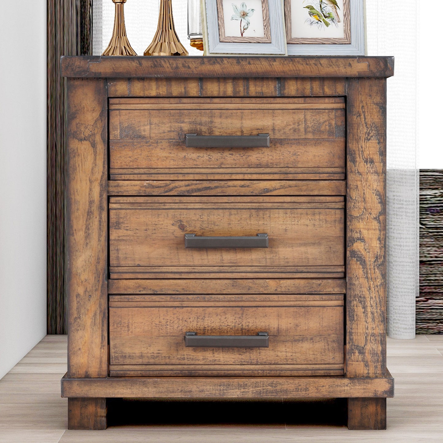 Mission Craftsman Rustic Reclaimed Wood Nightstand with 3 Drawers