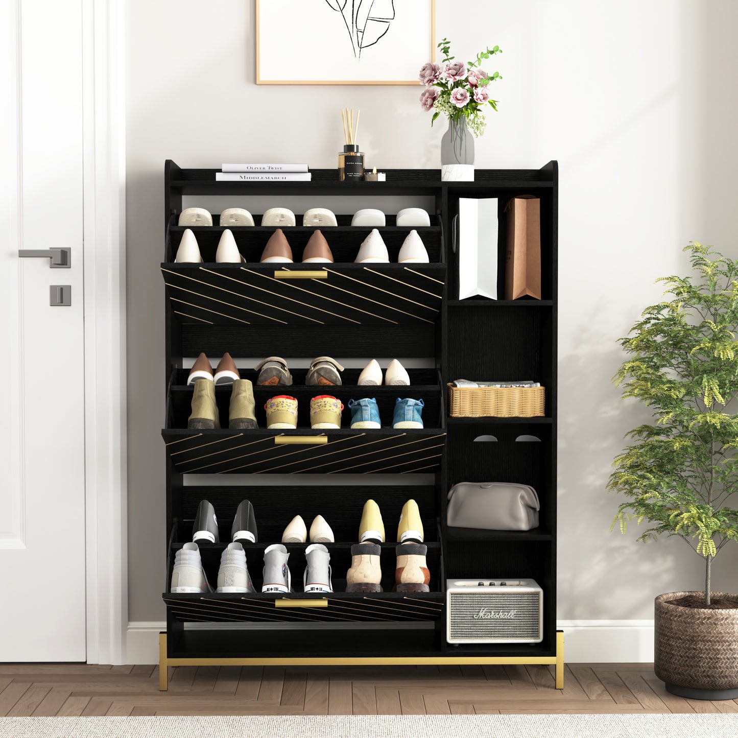 Marites Modern Shoe Cabinet with 3 Flip Drawers & Open Shelves