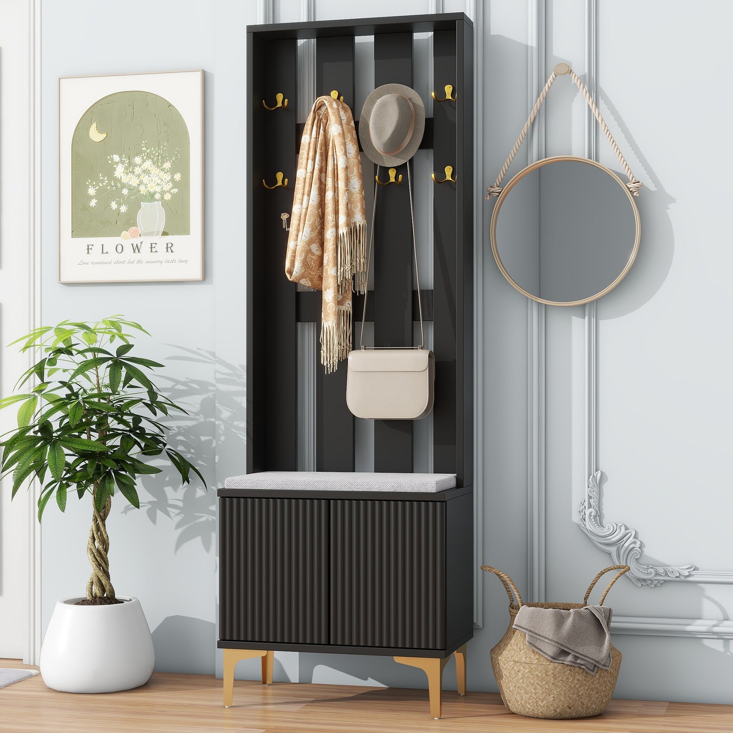 Centerville Modern Luxury 4-in-1 Hall Tree with Cushion & Fluted Doors