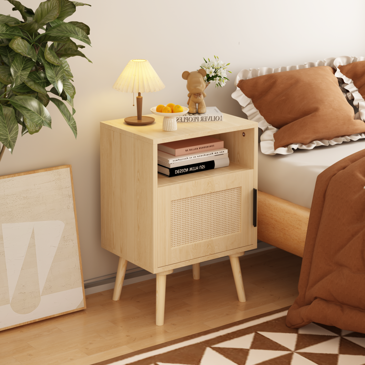 Somerset Mid-Century Calista Rattan Nightstand with Door and Open Shelf