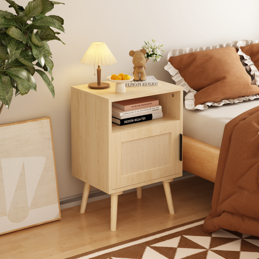 Somerset Mid-Century Calista Rattan Nightstand with Door and Open Shelf